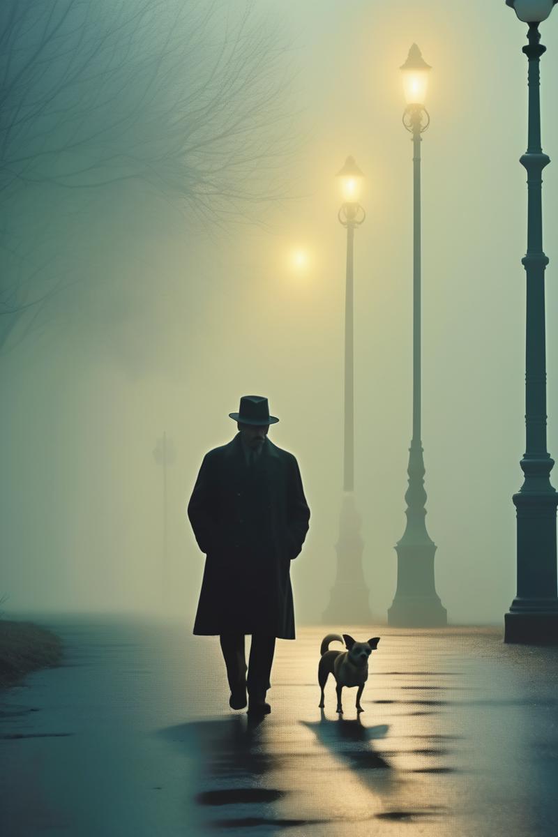 00021-4004749721-_lora_Roger Deakins Style_1_Roger Deakins Style - man with hat walks with chihuahua dog in fog winter, retro street lamp posts,.png